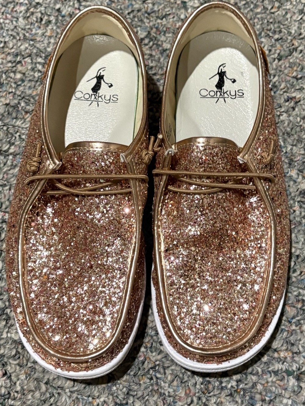 Corkys Rose Gold Glitter size 8 Moccasin Boat Shoes.